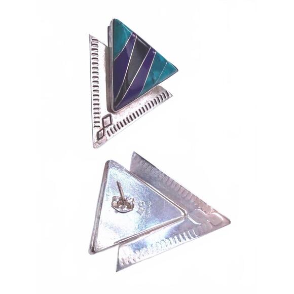 VTG SUNWEST 925 Silver Turquoise Lapis Onyx Inlay Earrings Southwestern - Picture 3 of 7